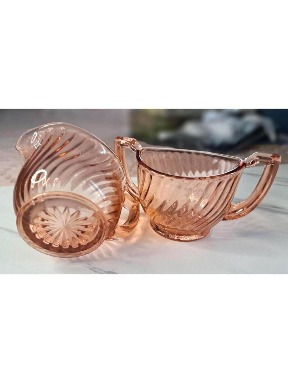 Vintage Twisted Optic Pink Imperial Glass-Ohio Creamer and Open Sugar Bowl Set